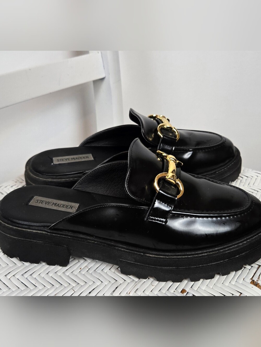 Steve Madden Black Patent Leather Loafers with Gold Buckle Whimsigoth